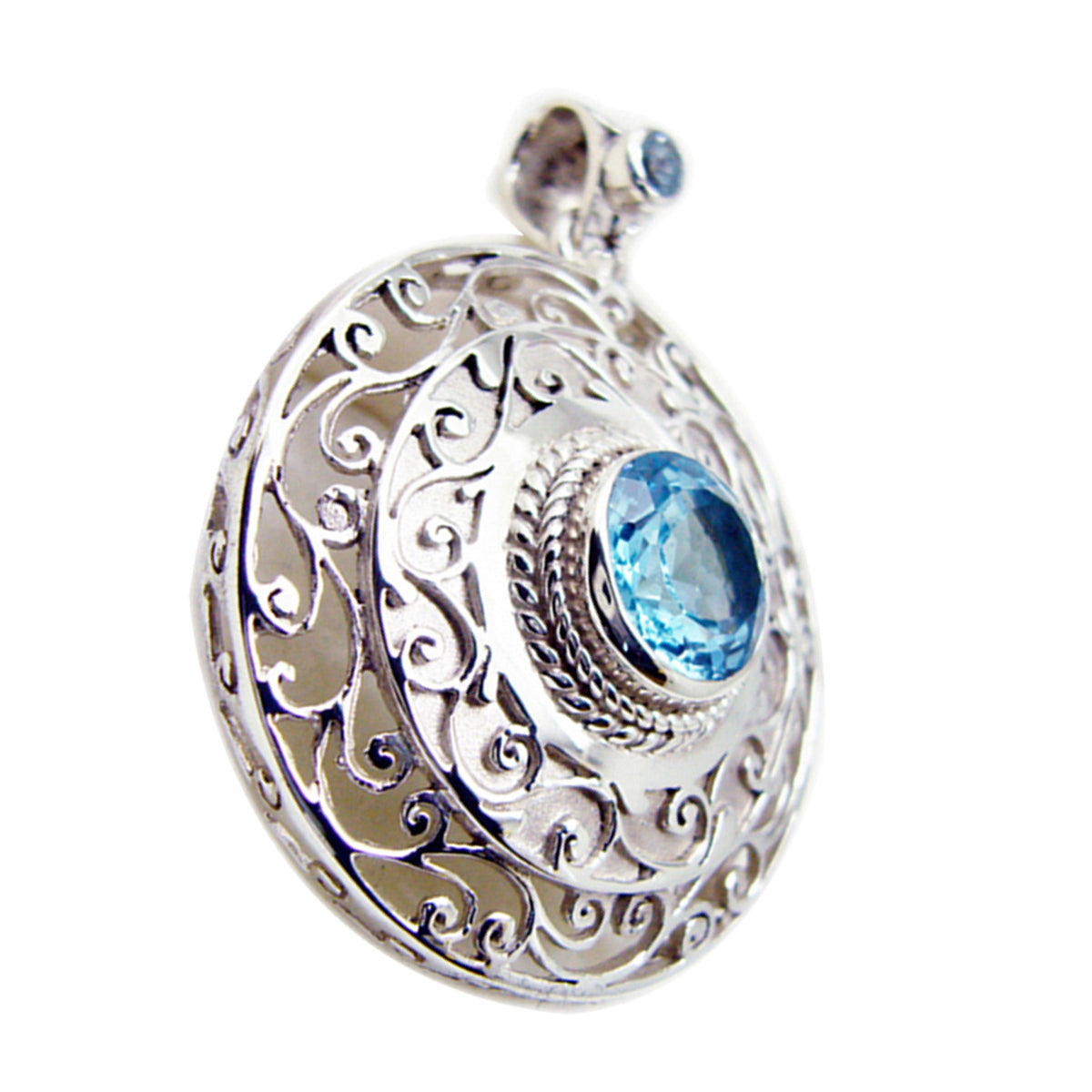 riyo magnifique pierre précieuse ronde à facettes topaze bleue pendentif en argent sterling cadeau pour les femmes