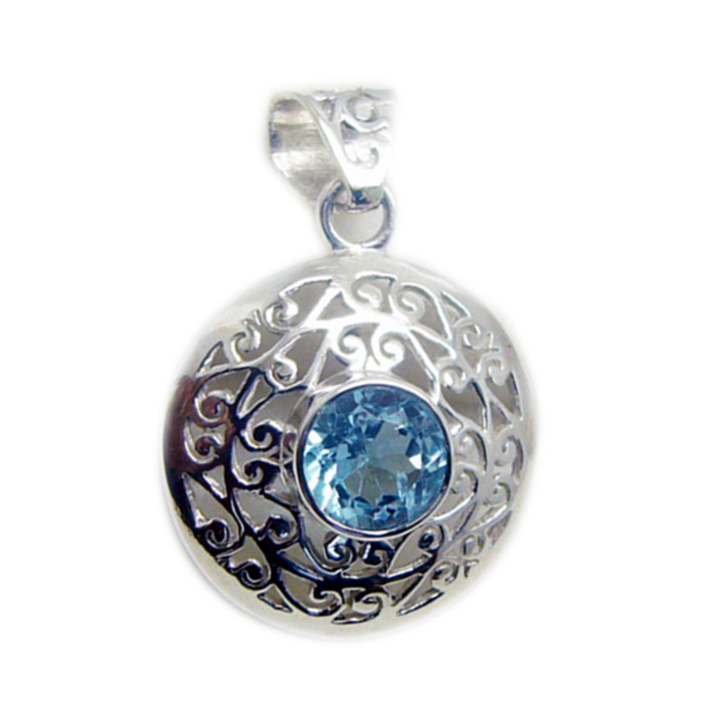 Riyo Easy Gemstone Round Faceted Blue Blue Topaz Sterling Silver Pendant Gift For Friend