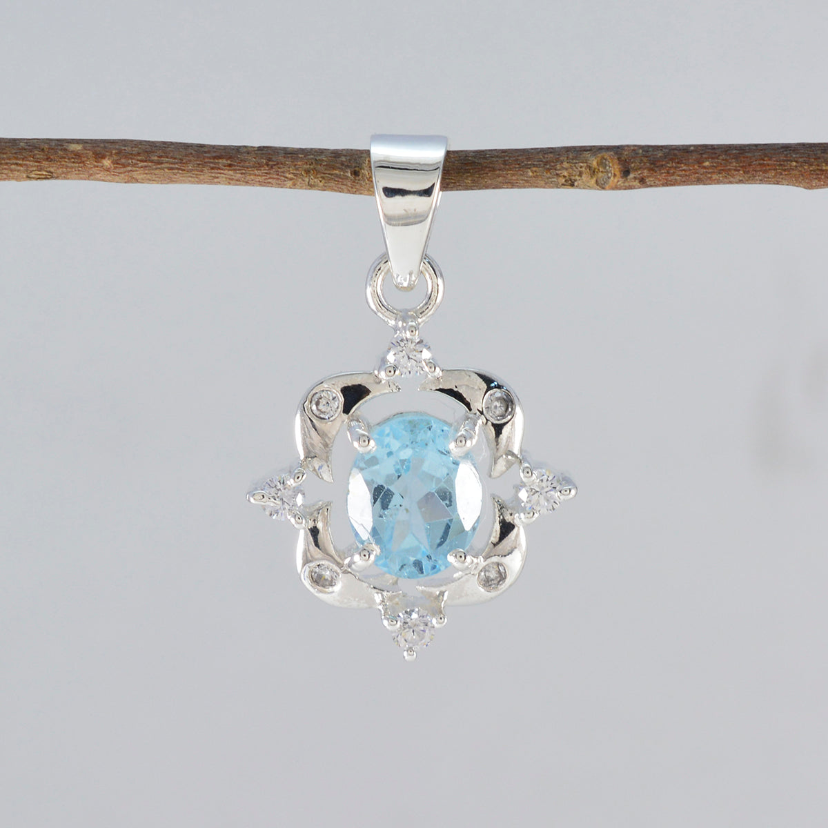 Riyo Beaut Gemstone Oval Faceted Blue Blue Topaz Sterling Silver Pendant Gift For Handmade