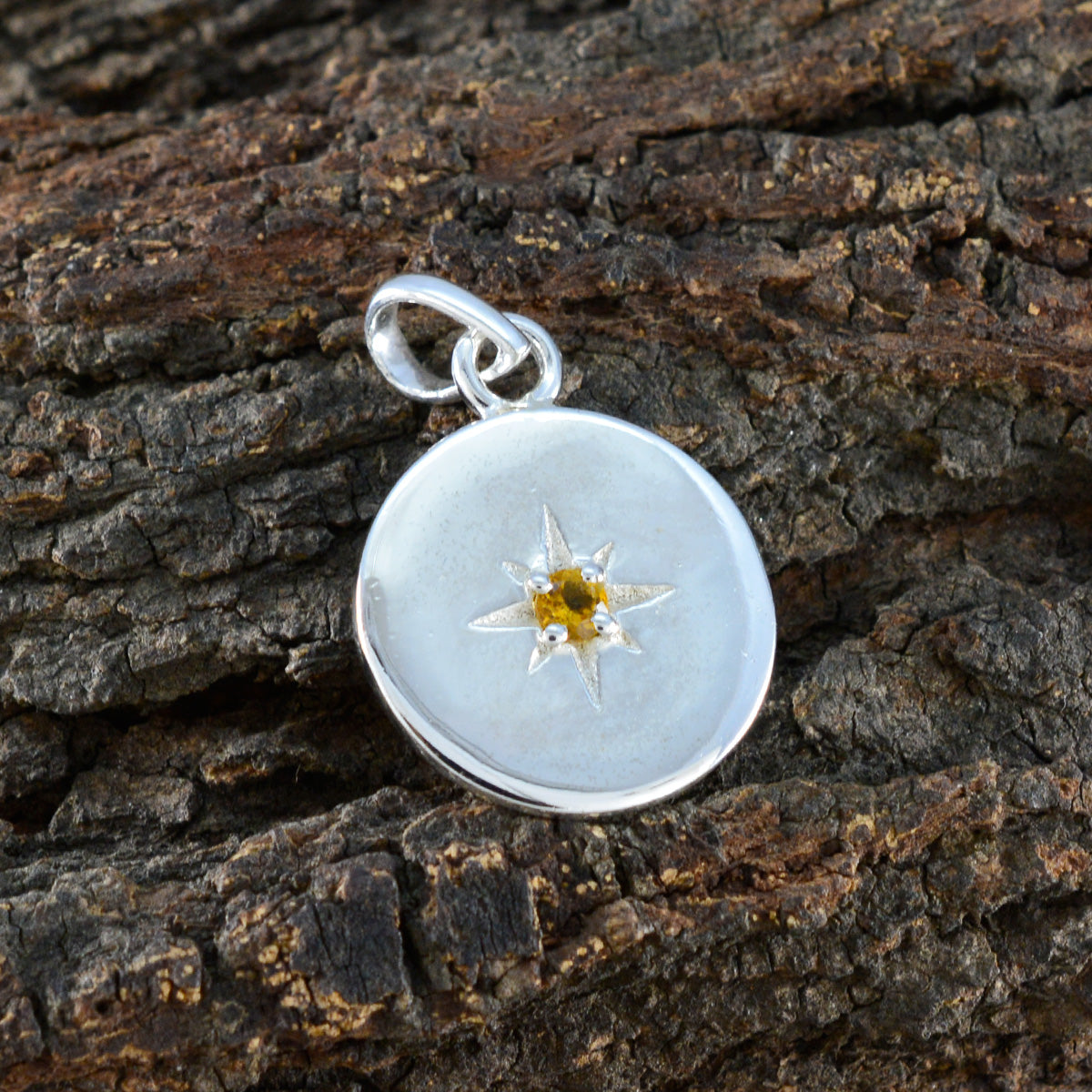 Riyo Smashing Gemstone Round Faceted Yellow Citrine Sterling Silver Pendant Gift For Women