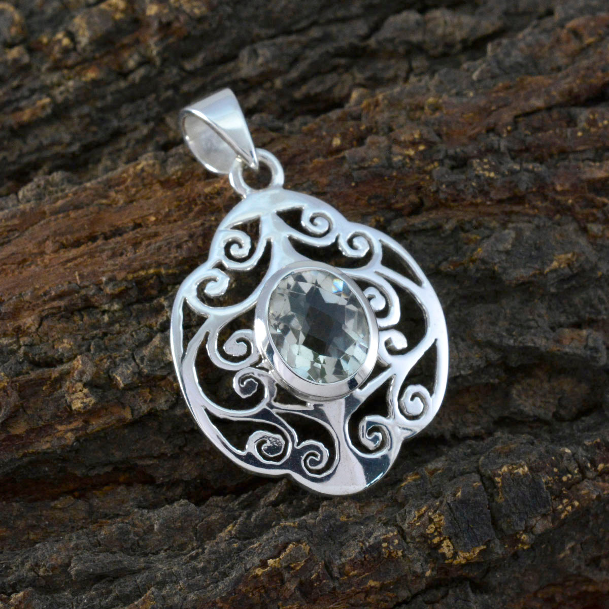 Riyo Beaut Gems Oval Checker Green Green Amethyst Solid Silver Pendant Gift For Easter Sunday