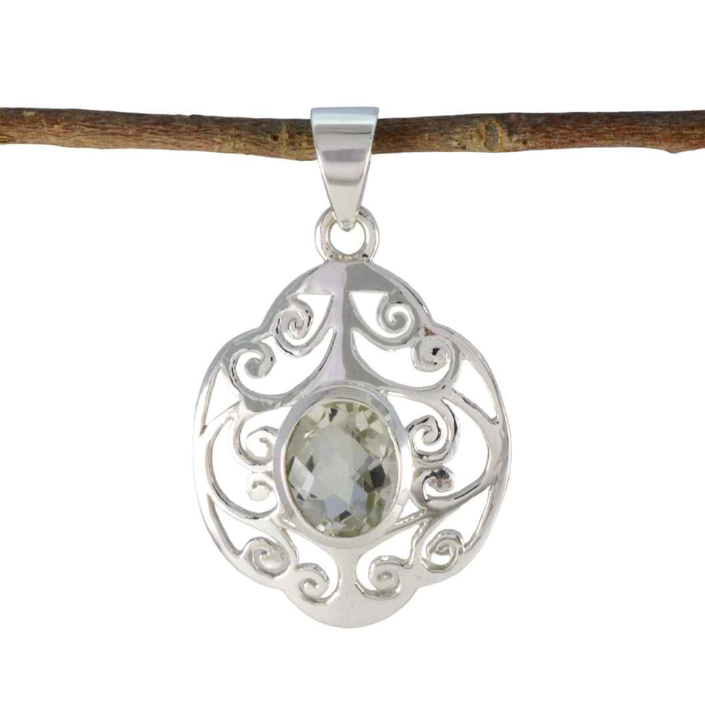 Riyo Beaut Gems Oval Checker Green Green Amethyst Solid Silver Pendant Gift For Easter Sunday