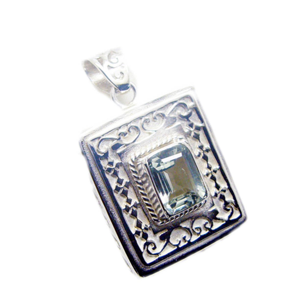Riyo Comely Gems Octagon Faceted Green Green Amethyst Solid Silver Pendant Gift For Wedding
