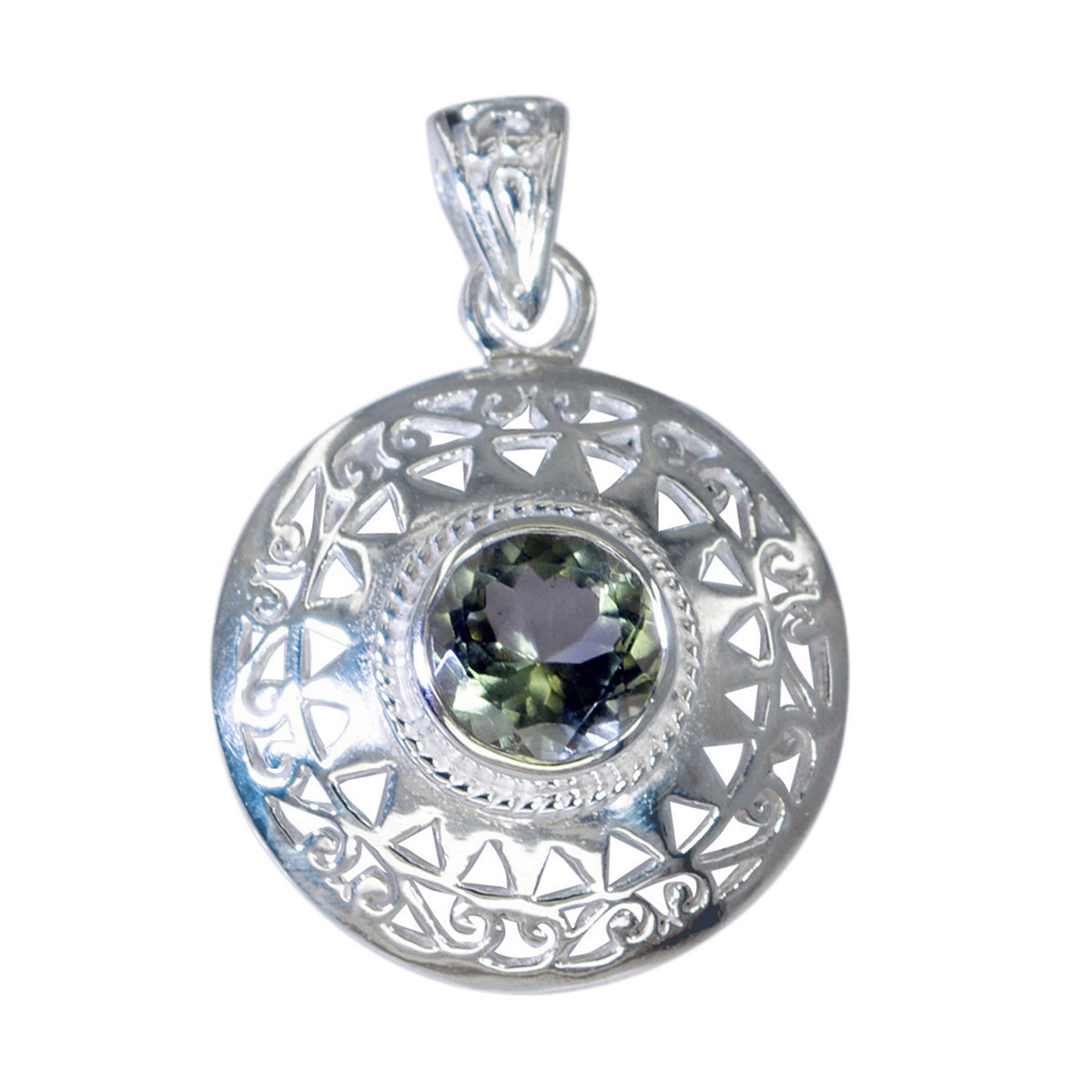 Riyo Decorative Gems runder facettierter grüner grüner Amethyst-Silberanhänger, Geschenk für Frau