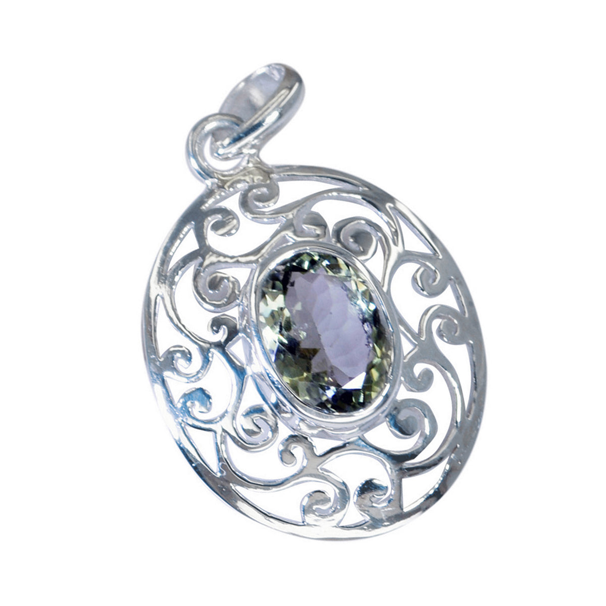Riyo Bewitching Gems Oval Faceted Green Green Amethyst Solid Silver Pendant Gift For Anniversary