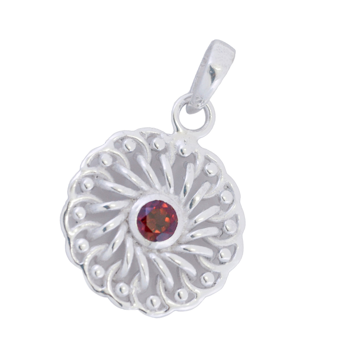 Riyo Beddable Gemstone Round Faceted Red Garnet Sterling Silver Pendant Gift For Friend