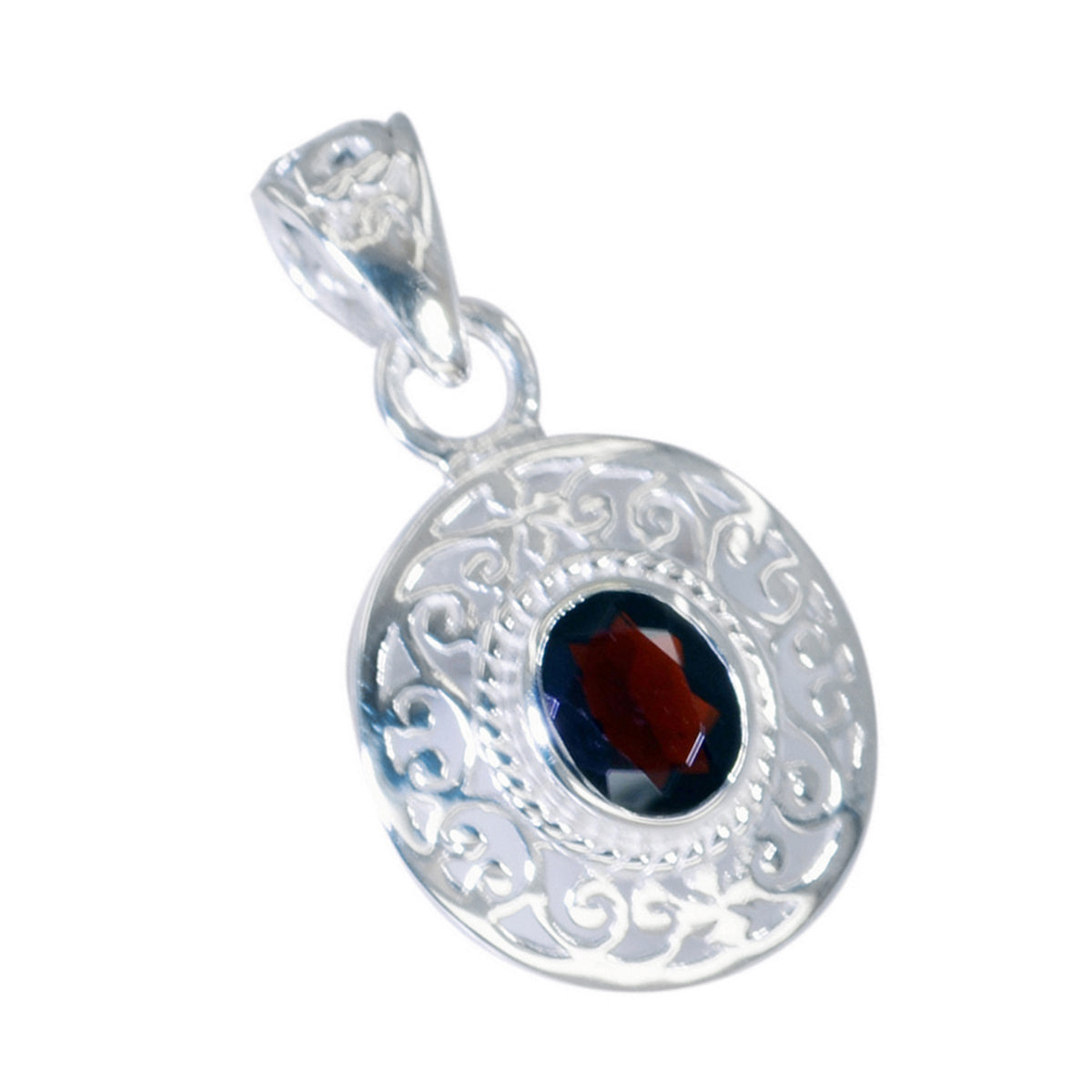 Riyo Genuine Gems ovaler facettierter roter Granat-Silberanhänger, Geschenk für Schwester