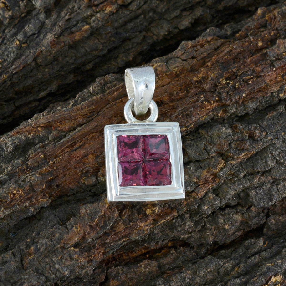 Riyo Stunning Gems Square Faceted Red Garnet Solid Silver Pendant Gift For Wedding