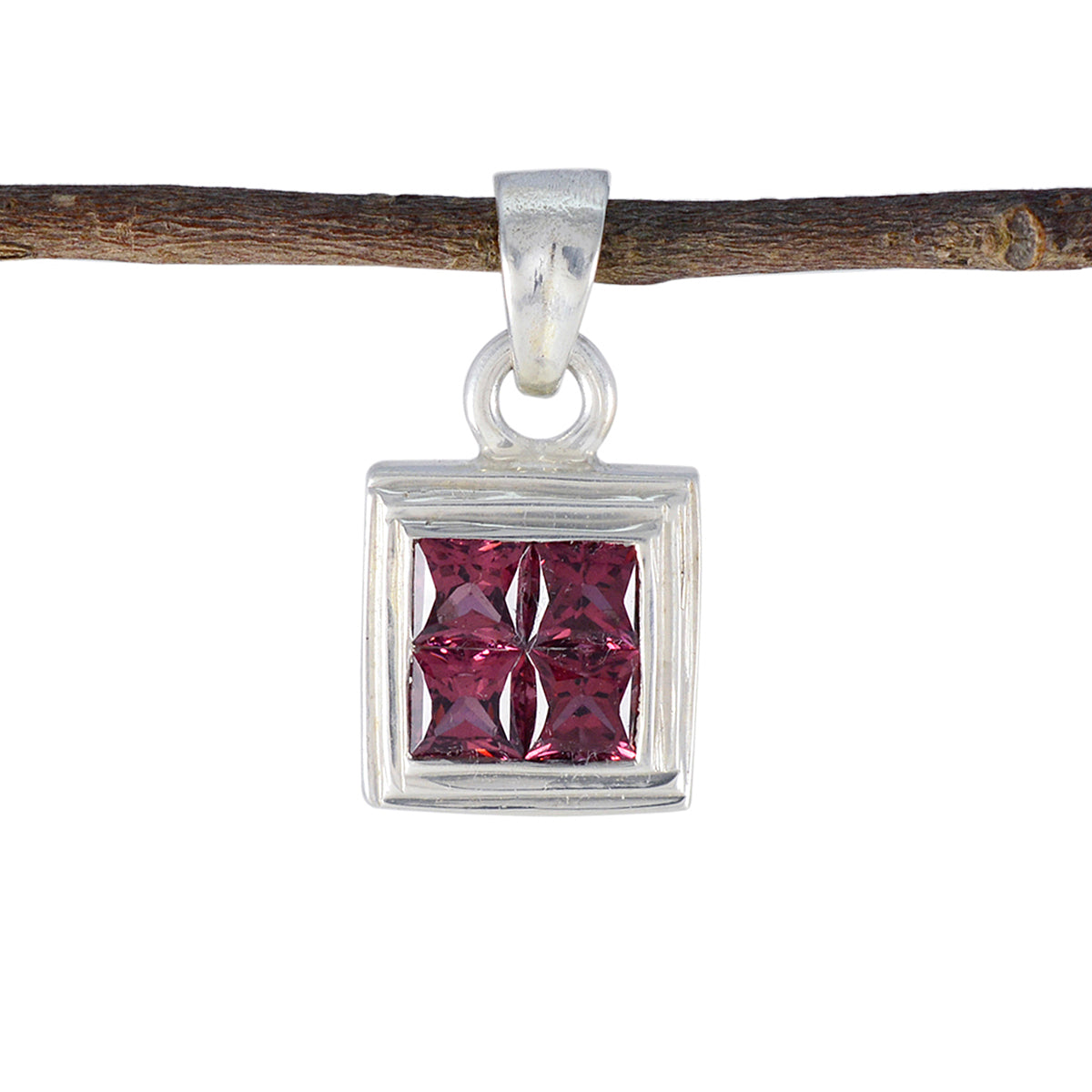 Riyo Stunning Gems Square Faceted Red Garnet Solid Silver Pendant Gift For Wedding
