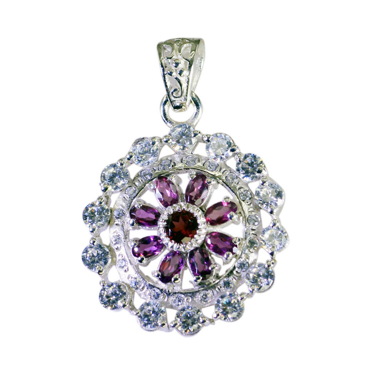 Riyo Graceful Gemstone Multi Faceted Red Garnet 1107 Sterling Silver Pendant Gift For Teachers Day