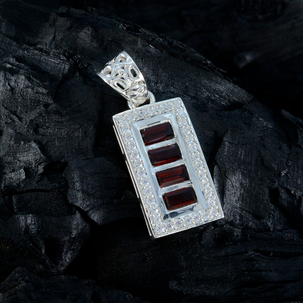 Riyo Engaging Gems Baguette Faceted Red Garnet Silver Pendant Gift For Engagement