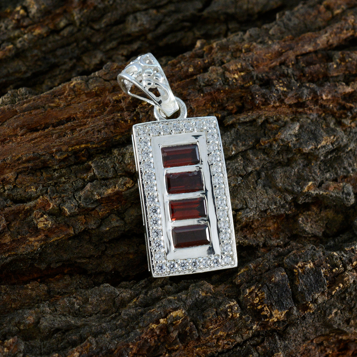 Riyo Engaging Gems Baguette Faceted Red Garnet Silver Pendant Gift For Engagement