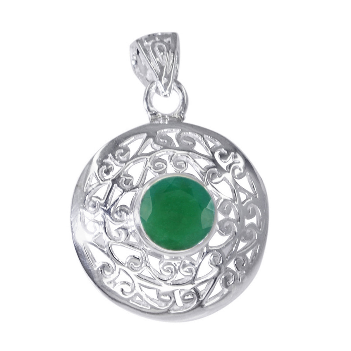 Riyo Fit Gems Round Faceted Green Indian Emerald Solid Silver Pendant Gift For Anniversary