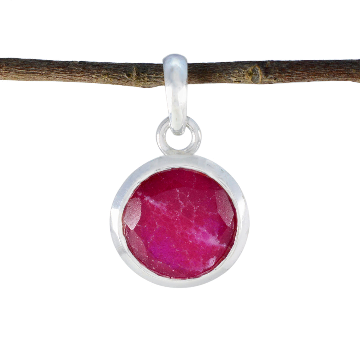 Riyo Hot Gemstone Round Faceted Red Indian Ruby Sterling Silver Pendant Gift For Handmade