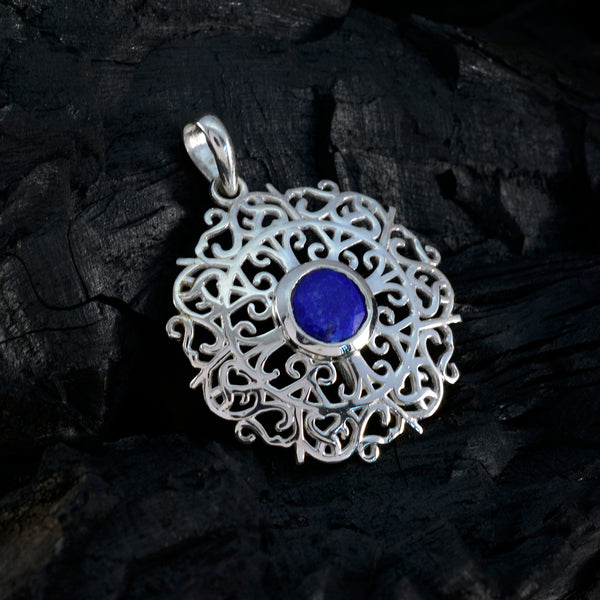Riyo Fit Gems Round Faceted Blue Indian Sapphire Silver Pendant Gift For Boxing Day