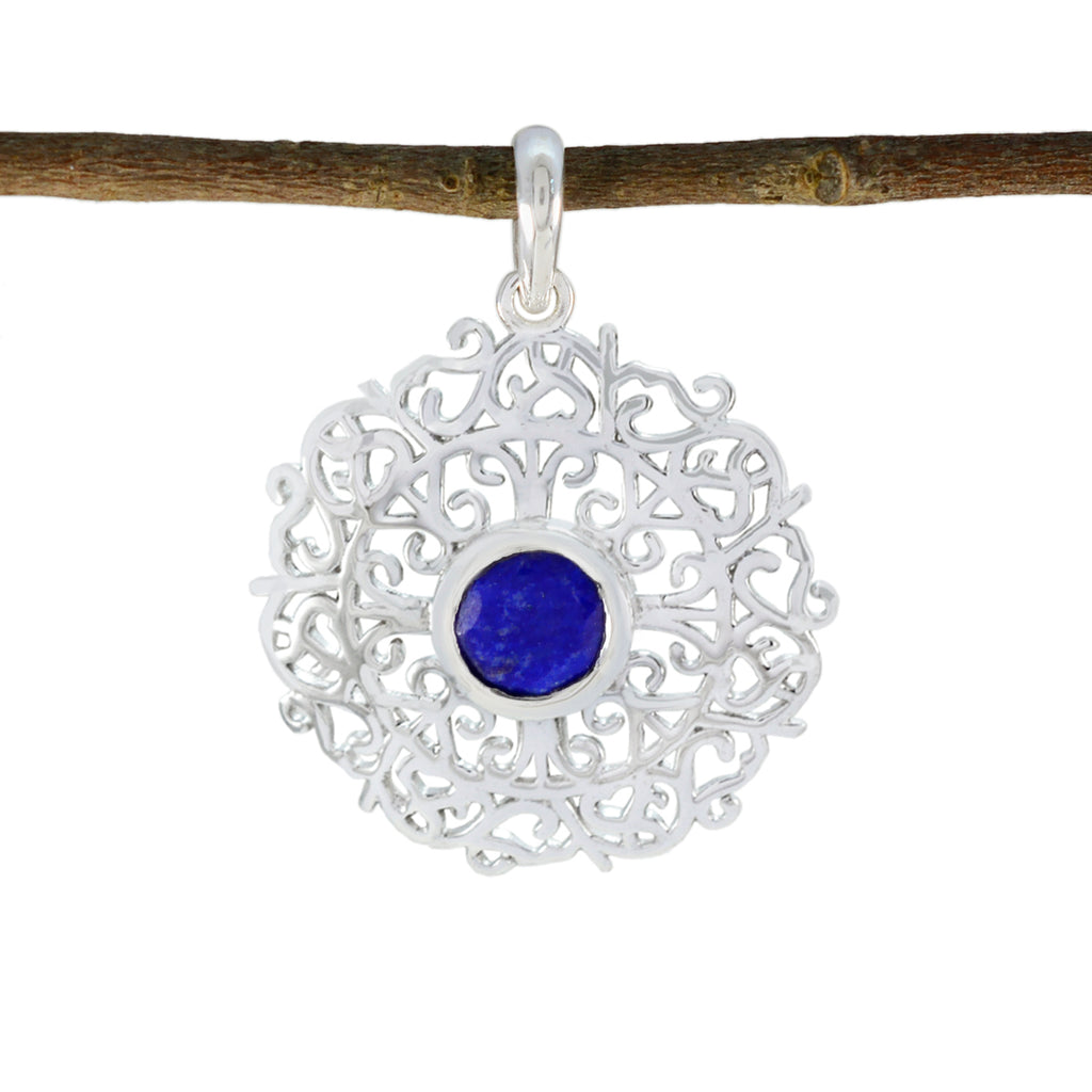 Riyo Fit Gems Round Faceted Blue Indian Sapphire Silver Pendant Gift For Boxing Day