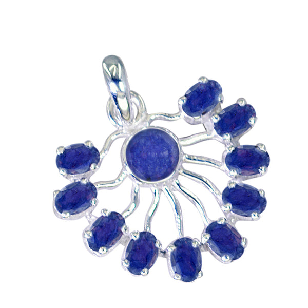 Riyo Genuine Gemstone Multi Faceted Blue Indian Sapphire Sterling Silver Pendant Gift For Women