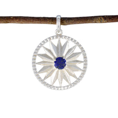 Riyo Genuine Gems Round Faceted Nevy Blue Lapis Lazuli Solid Silver Pendant Gift For Good Friday