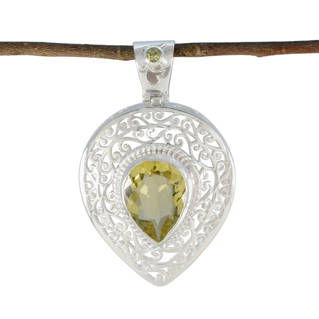 Riyo Nice Gems Pear Faceted Yellow Lemon Quartz Solid Silver Pendant Gift For Anniversary