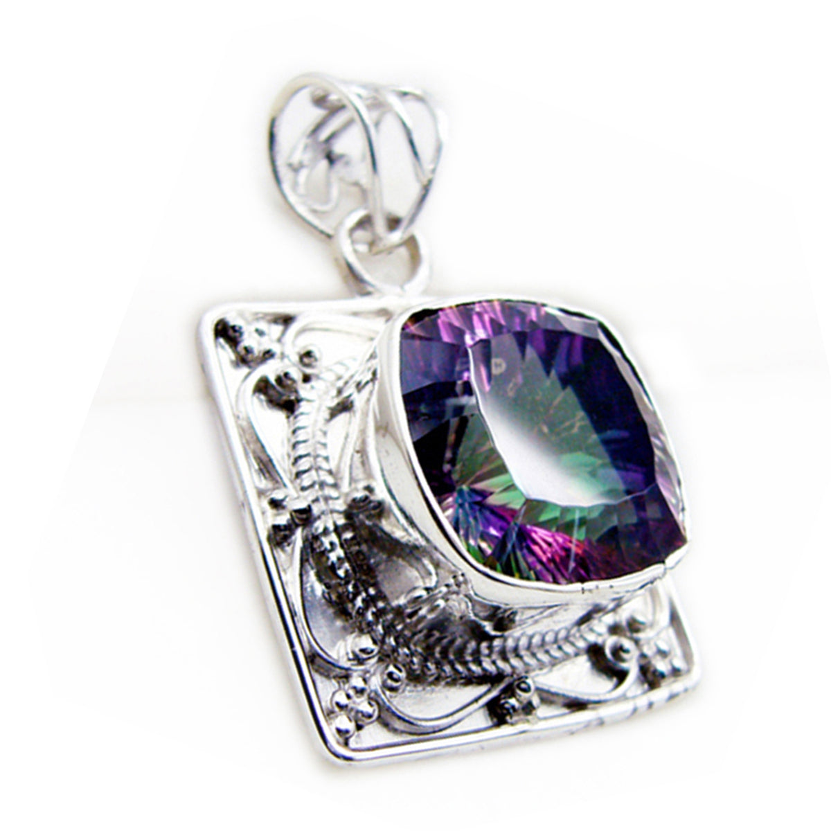 Riyo Good Gems Cushion Faceted Multi Color Mystic Quartz Silver Pendant Gift For Boxing Day