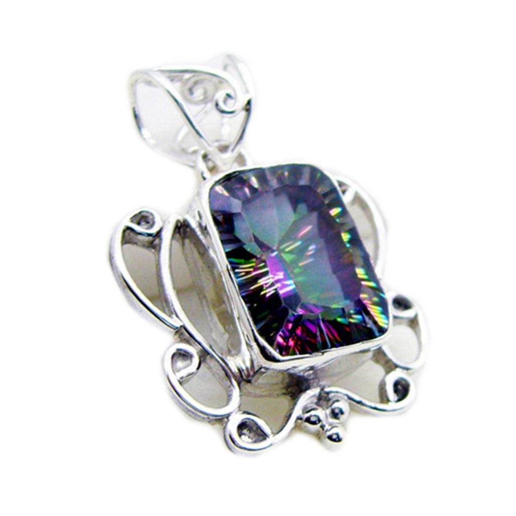 Riyo Real Gems Octagon Faceted Multi Color Mystic Quartz Silver Pendant Gift For Sister
