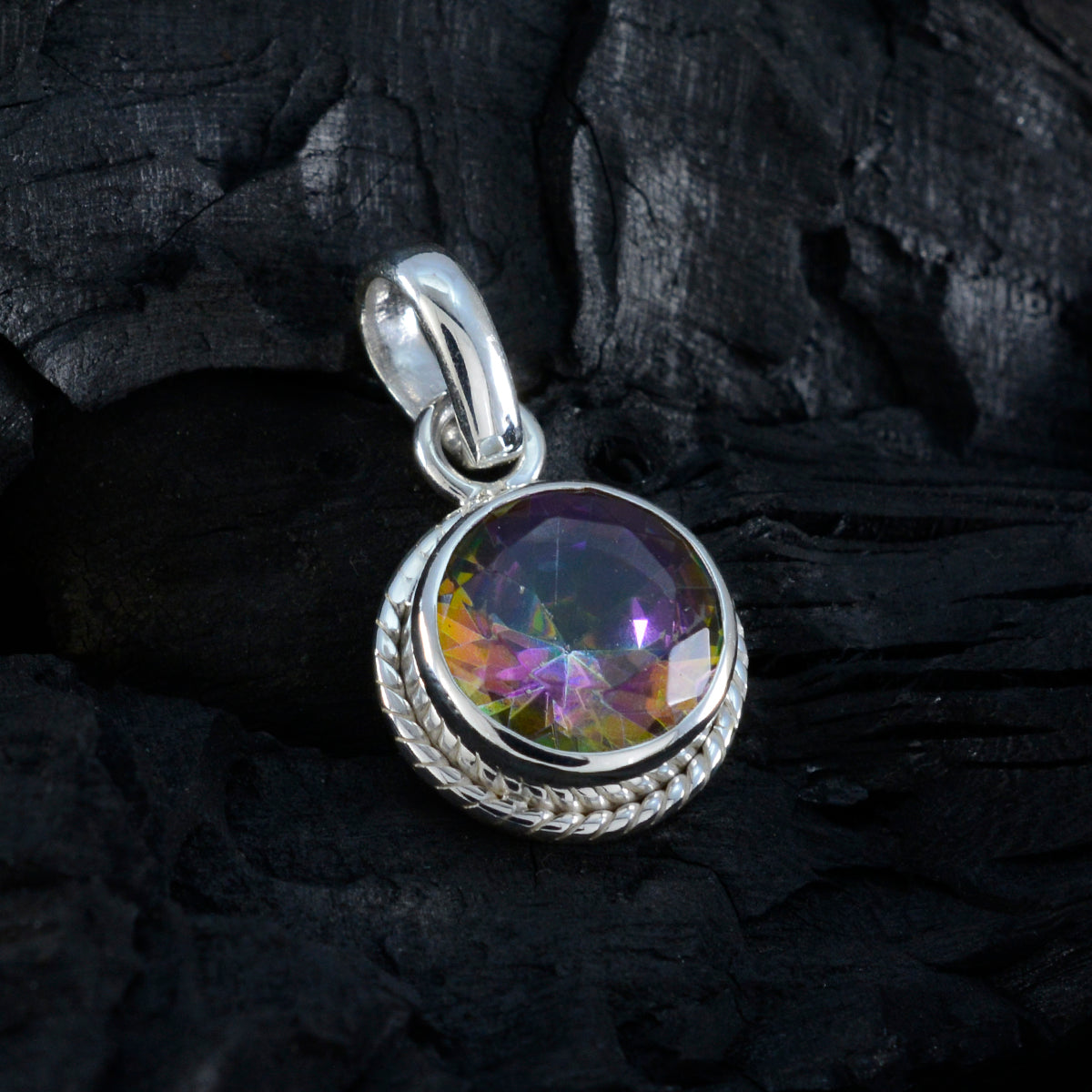 Riyo, attraente pietra preziosa rotonda sfaccettata, quarzo mistico multicolore, ciondolo in argento sterling, regalo per donne