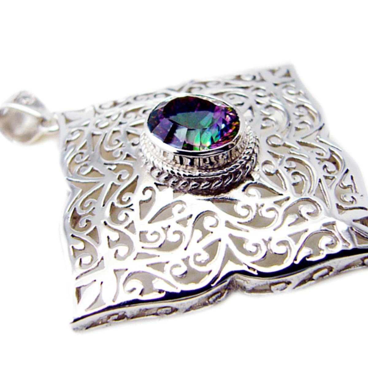 Riyo Ravishing Gemstone Round Faceted Multi Color Mystic Quartz Sterling Silver Pendant Gift For Handmade