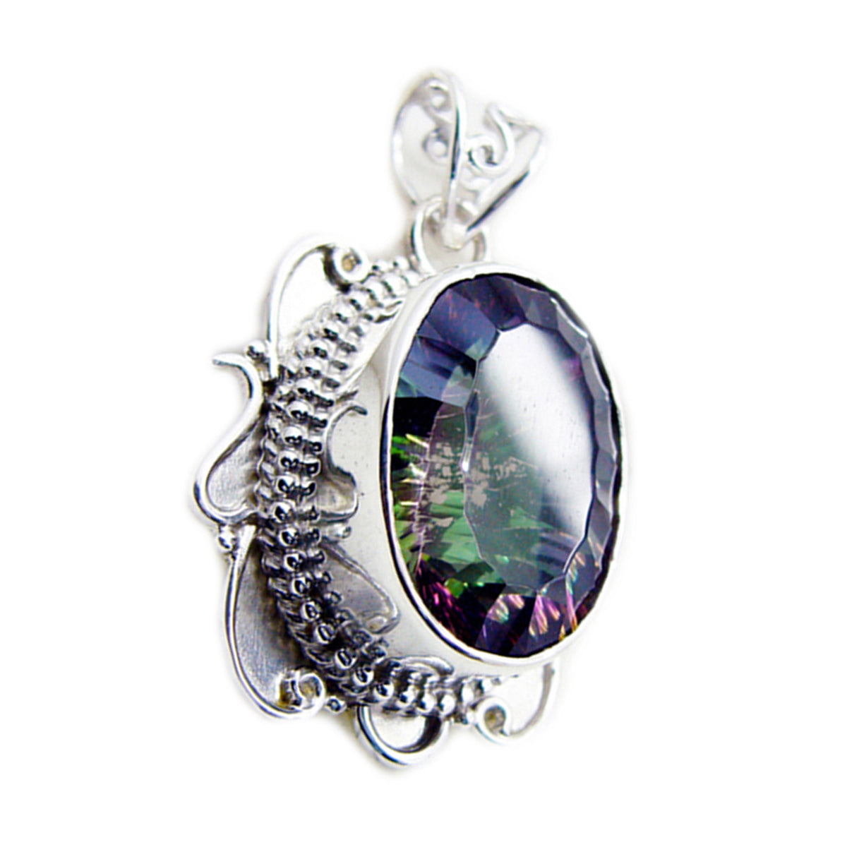 Riyo Aesthetic Gemstone Oval Faceted Multi Color Mystic Quartz Sterling Silver Pendant Gift For Women