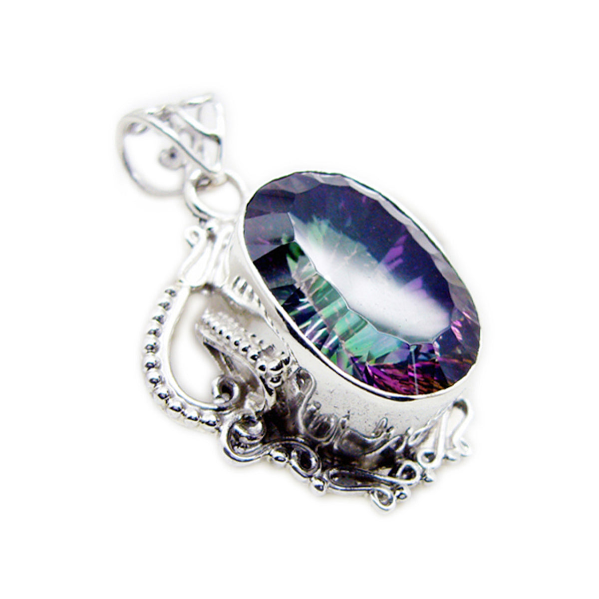 Riyo Drop Gems Oval Faceted Multi Color Mystic Quartz Silver Pendant Gift For Engagement