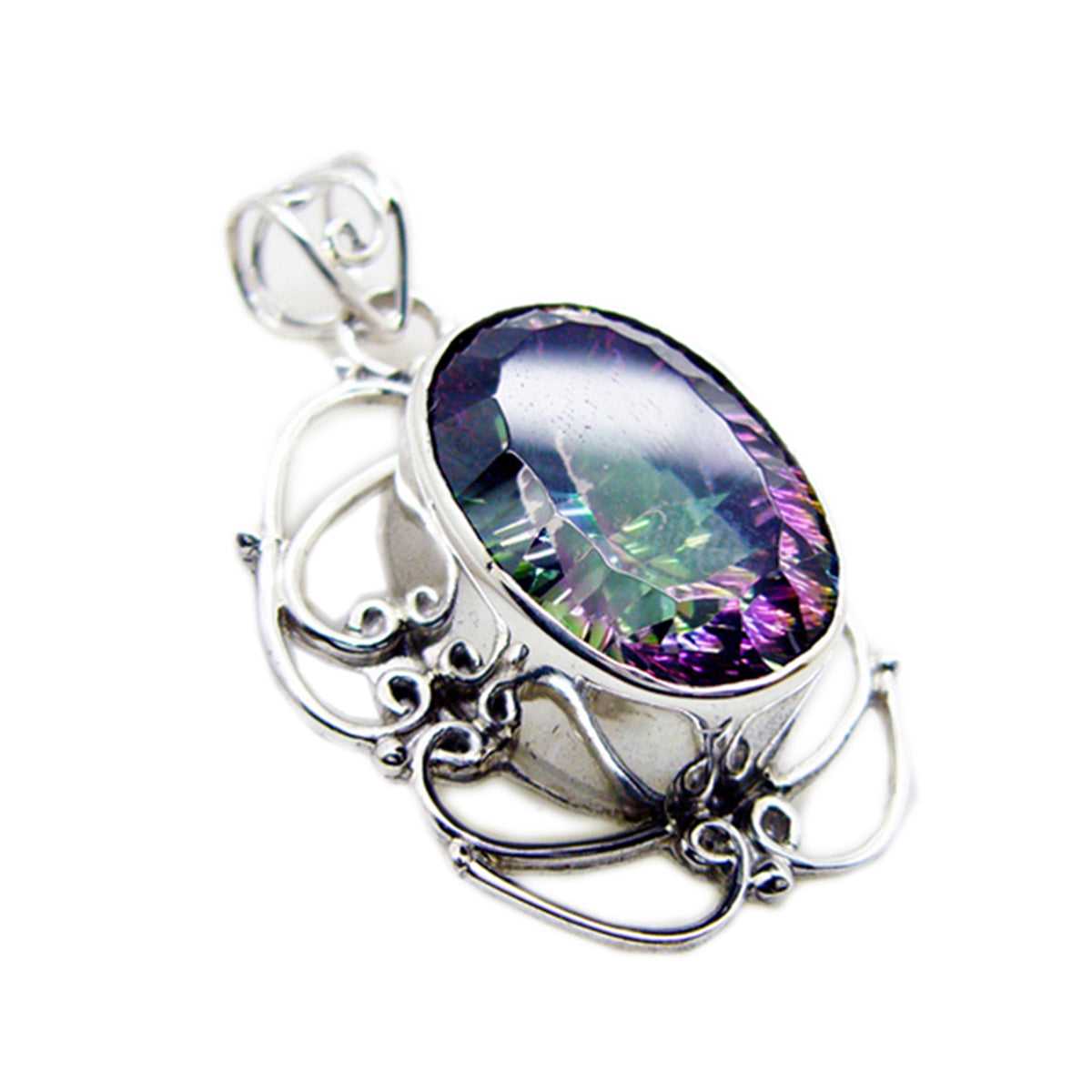 Riyo Beddable Gems Oval Faceted Multi Color Mystic Quartz Solid Silver Pendant Gift For Anniversary