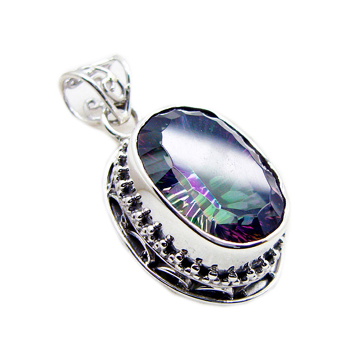 Riyo Fit Gems Oval Faceted Multi Color Mystic Quartz Silver Pendant Gift For Boxing Day
