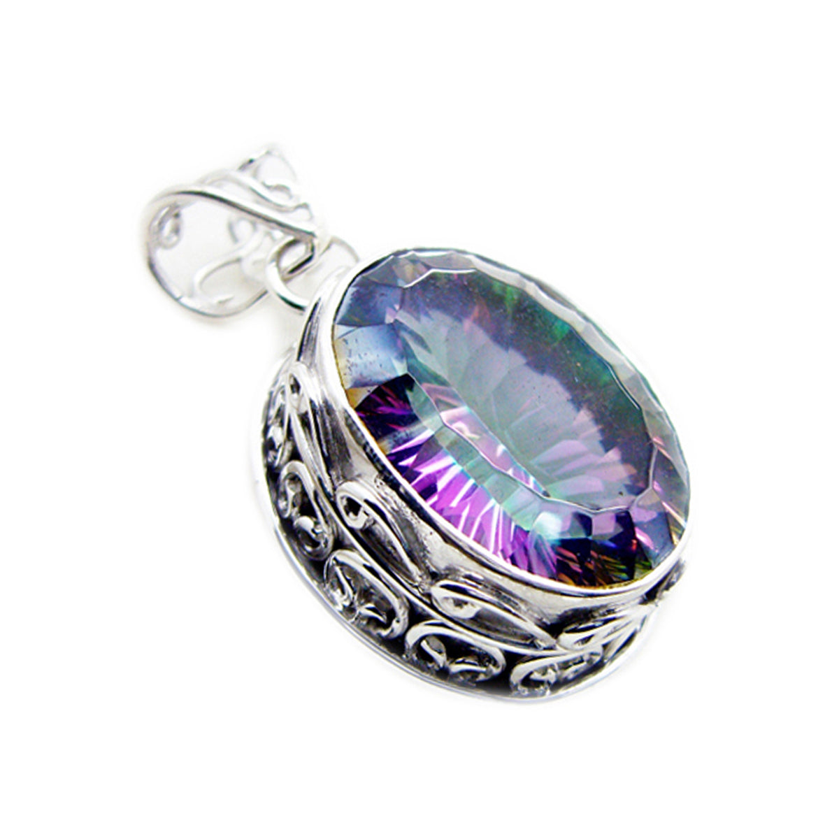 Riyo Beauteous Gems Oval Faceted Multi Color Mystic Quartz Solid Silver Pendant Gift For Wedding