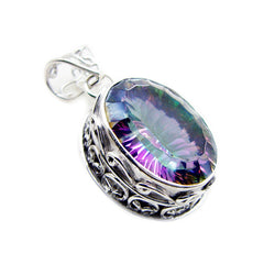 Riyo Beauteous Gems Oval Faceted Multi Color Mystic Quartz Solid Silver Pendant Gift For Wedding