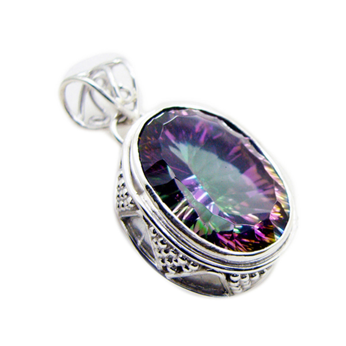 Riyo Genuine Gems Oval Faceted Multi Color Mystic Quartz Solid Silver Pendant Gift For Good Friday