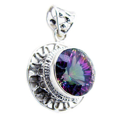 Riyo Knockout Gems Round Faceted Multi Color Mystic Quartz Solid Silver Pendant Gift For Good Friday