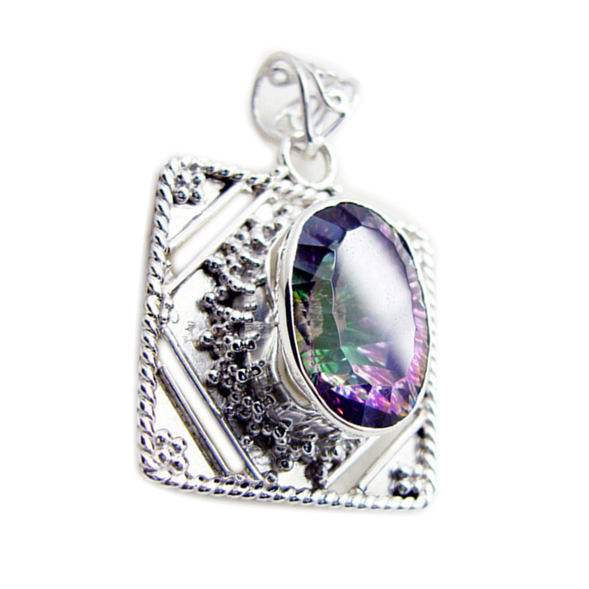 Riyo Glamorous Gems Oval Faceted Multi Color Mystic Quartz Solid Silver Pendant Gift For Anniversary