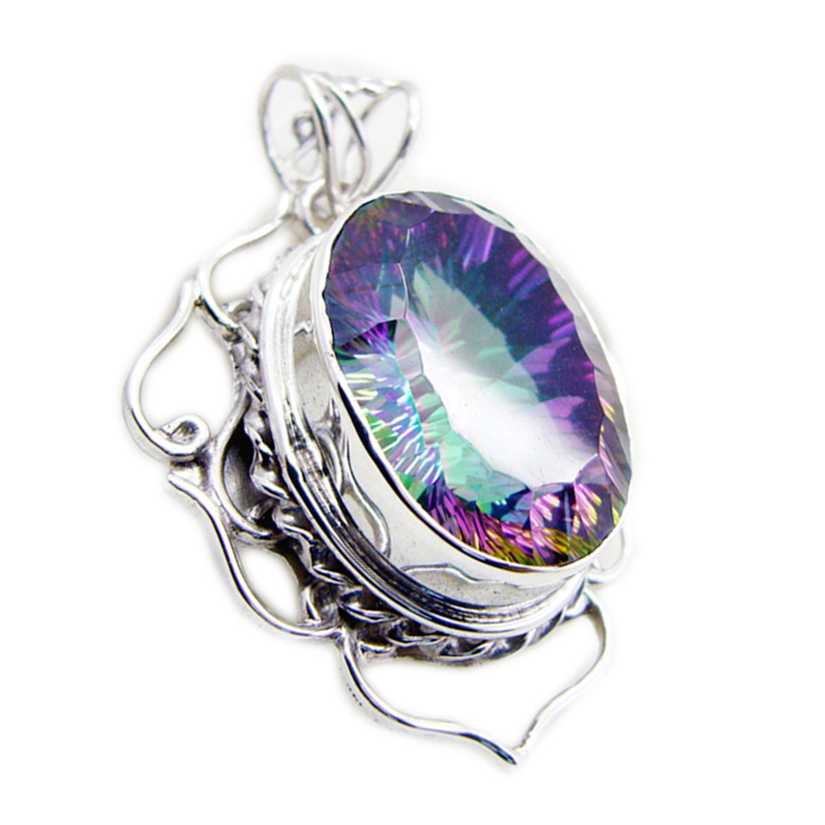Riyo Bewitching Gems Oval Faceted Multi Color Mystic Quartz Silver Pendant Gift For Boxing Day