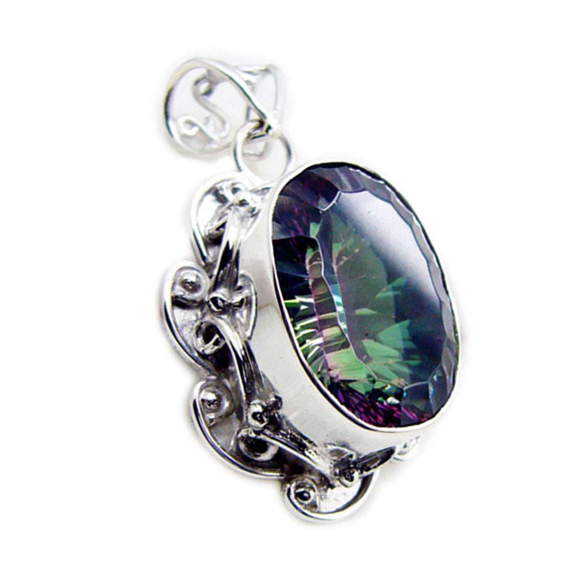 Riyo Aesthetic Gems Oval Faceted Multi Color Mystic Quartz Silver Pendant Gift For Wife