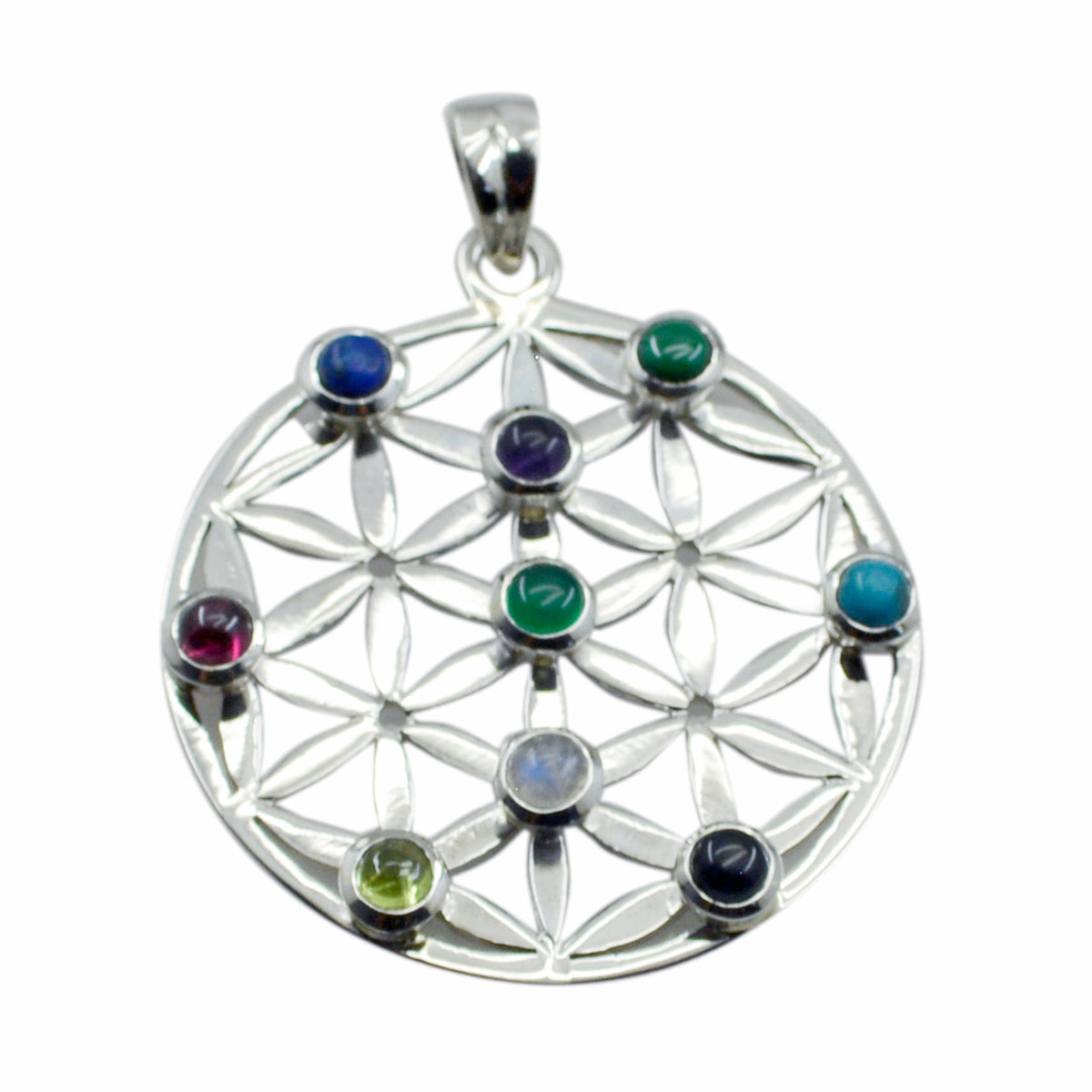 Riyo Real Gems Round Cabochon Multi Color Multi Stone Solid Silver Pendant Gift For Wedding