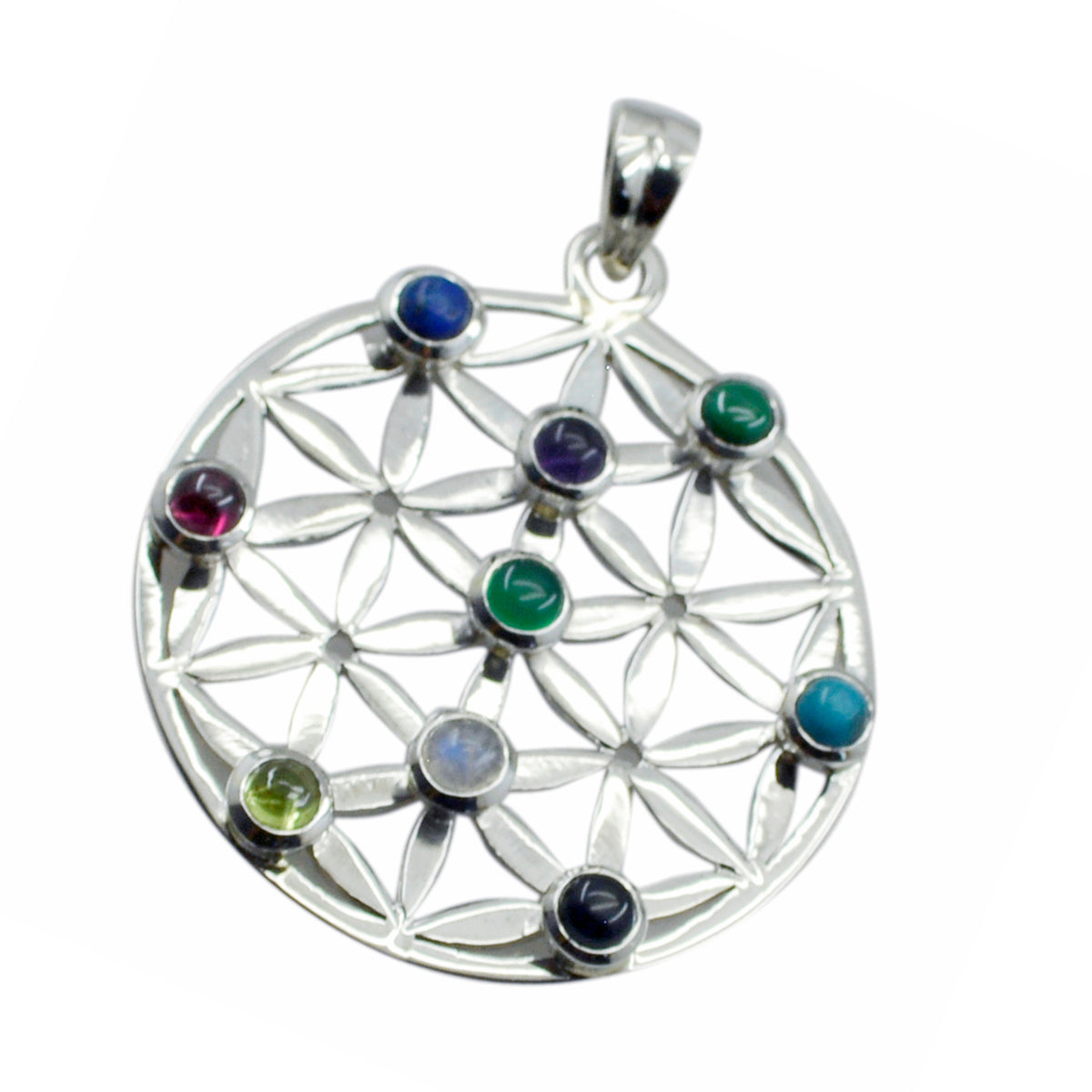 Riyo Real Gems Round Cabochon Multi Color Multi Stone Solid Silver Pendant Gift For Wedding