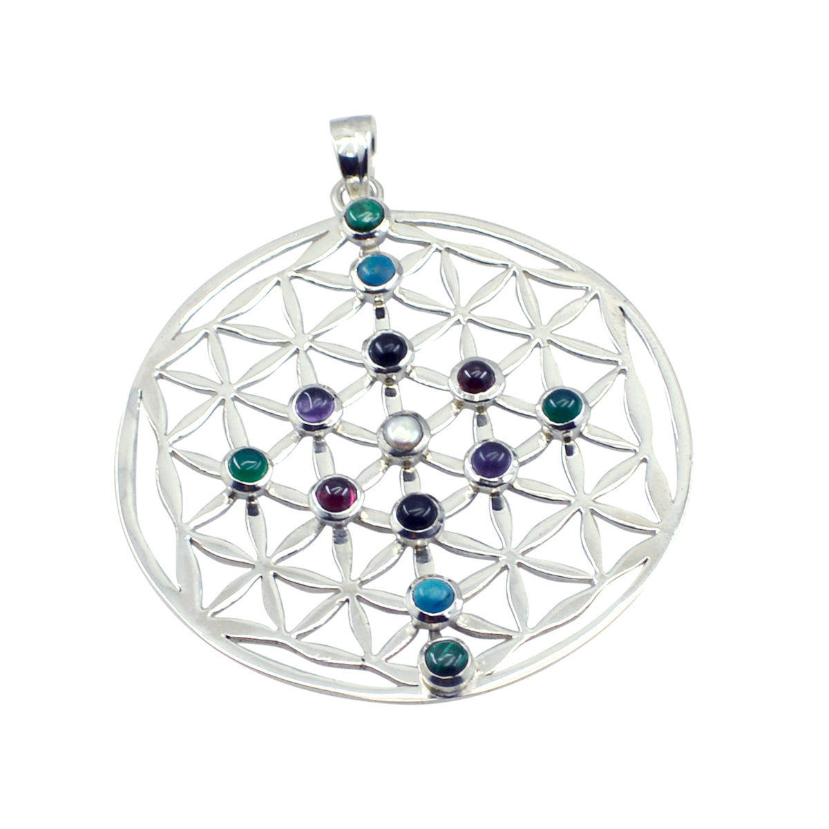 Riyo Engaging Gemstone Round Cabochon Multi Color Multi Stone Sterling Silver Pendant Gift For Women