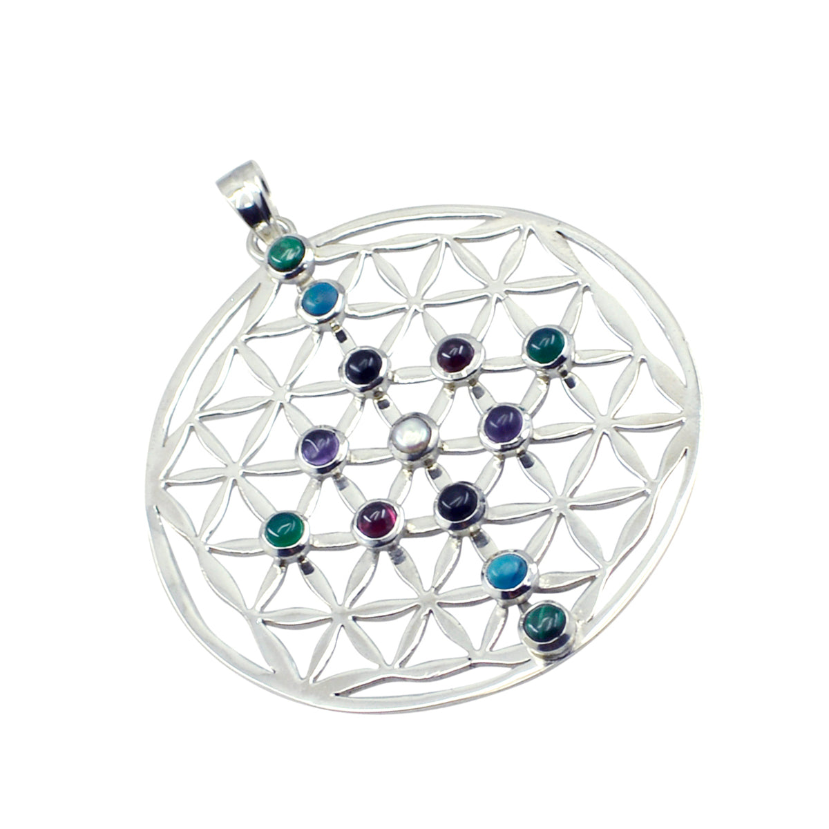 Riyo Engaging Gemstone Round Cabochon Multi Color Multi Stone Sterling Silver Pendant Gift For Women