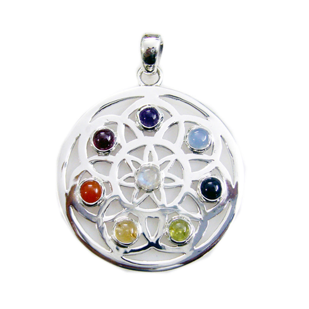 Riyo Stunning Gems Round Cabochon Multi Color Multi Stone Solid Silver Pendant Gift For Good Friday