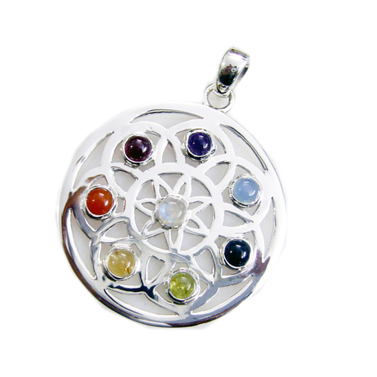 Riyo Stunning Gems Round Cabochon Multi Color Multi Stone Solid Silver Pendant Gift For Good Friday