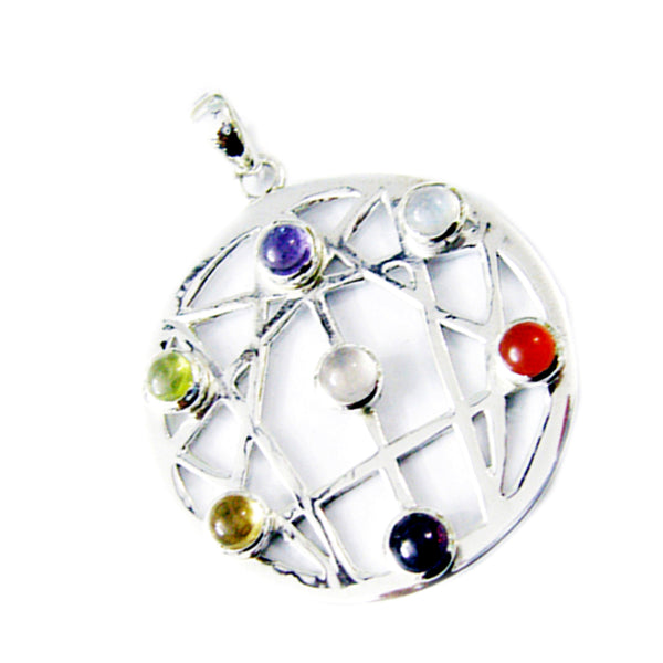 Riyo Aesthetic Gemstone Round Cabochon Multi Color Multi Stone Sterling Silver Pendant Gift For Christmas