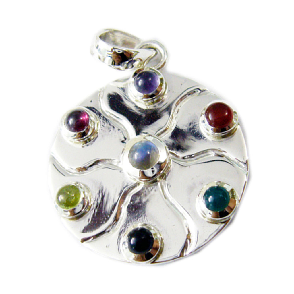 Riyo Decorative Gems Round Cabochon Multi Color Multi Stone Solid Silver Pendant Gift For Easter Sunday
