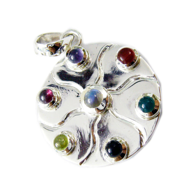 Riyo Decorative Gems Round Cabochon Multi Color Multi Stone Solid Silver Pendant Gift For Easter Sunday