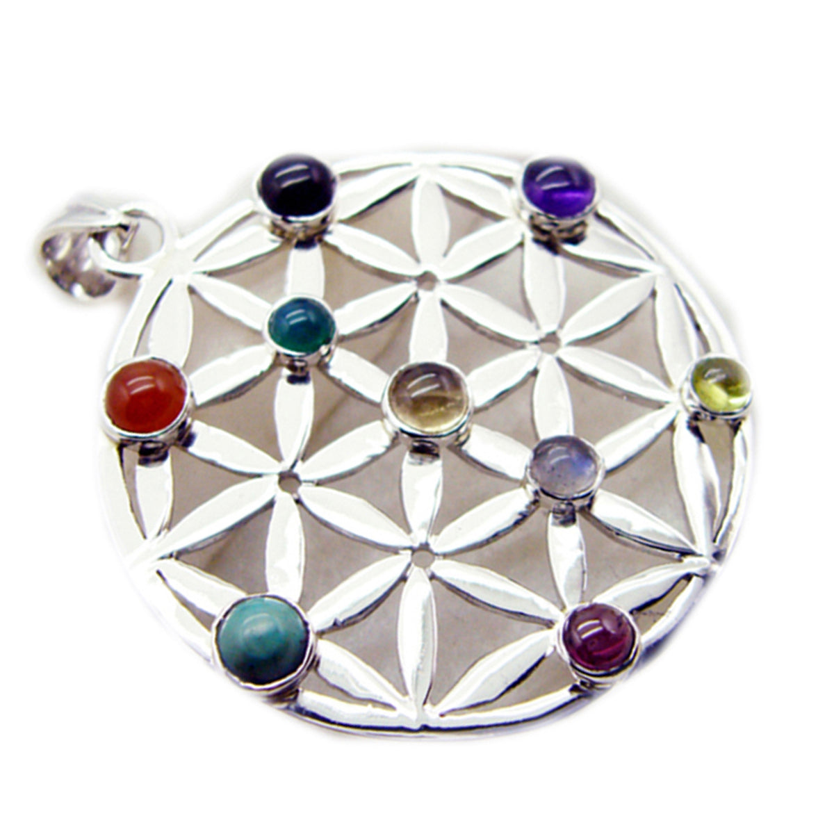 Riyo Fanciable Gems runder Cabochon-Anhänger aus massivem Silber mit mehreren Steinen und mehreren Farben, Geschenk für Karfreitag