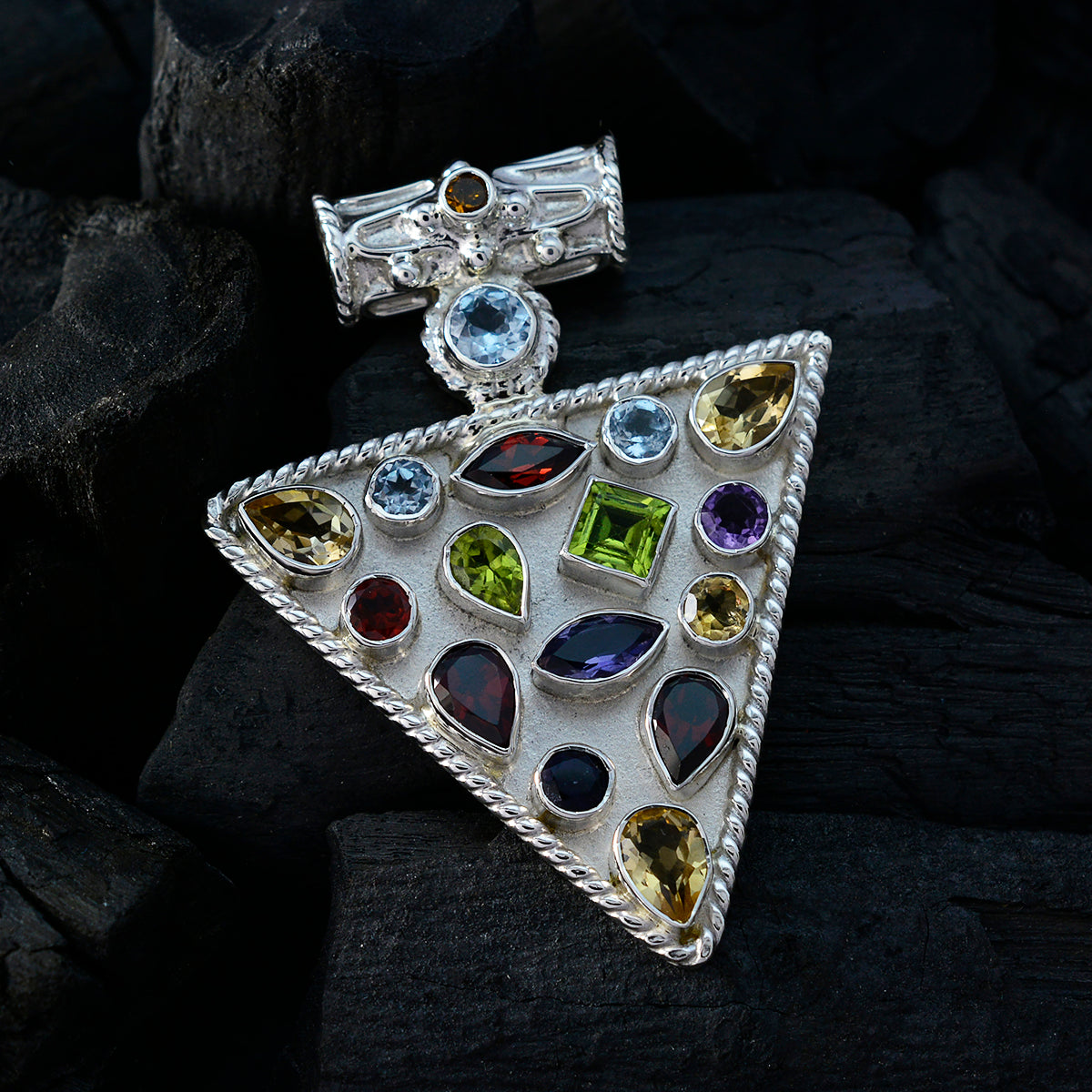Riyo, buena piedra preciosa, multifacetado, multicolor, colgante de plata de ley, regalo para amigo