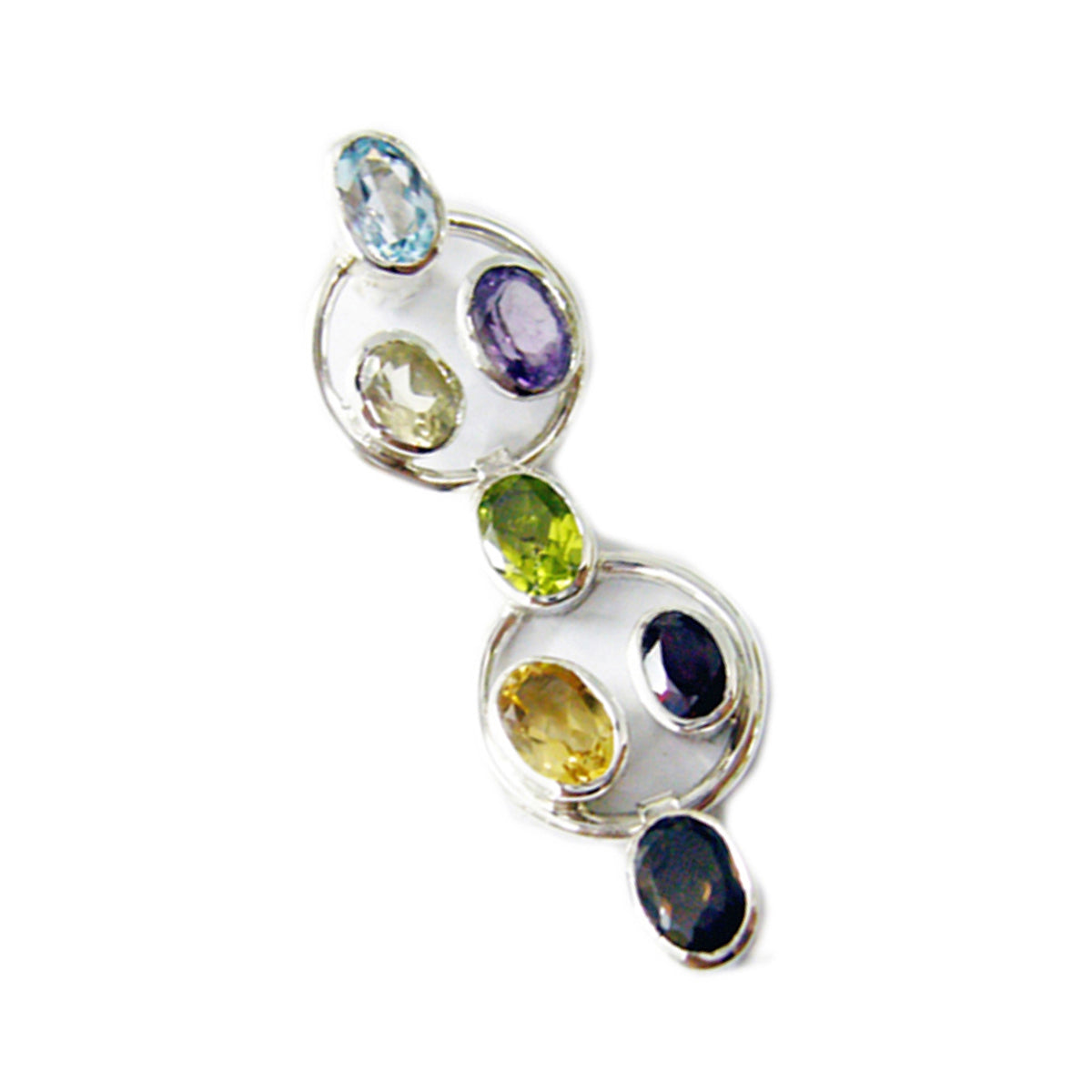 Riyo Real Gems Oval Faceted Multi Color Multi Stone Solid Silver Pendant Gift For Wedding